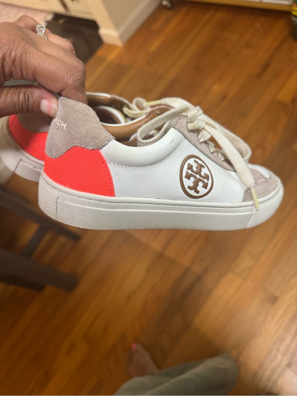 Tory Burch White Leather Women Sneakers with Coral Heel